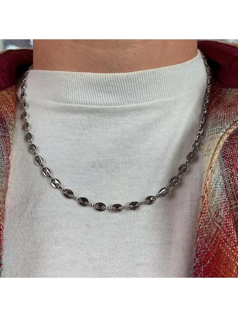 Y2k Cyber Vintage 2000s style Coffee Bean Stainless Steel Silver Necklace. High